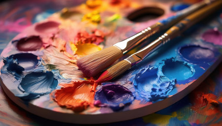 Bright colors on a palette with brushes ready to spark artistic imagination.の素材