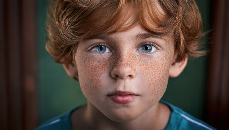 A boy with bright blue eyes and playful freckles radiates vibrant energy and joy.の素材
