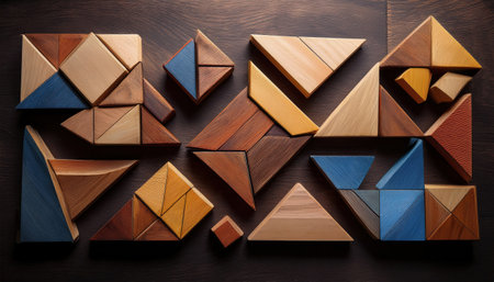 A vibrant collection of colorful wooden shapes spread artfully on a table.の素材