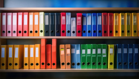 Rows of vivid filing binders in various colors create an eye catching display on sturdy shelves.の素材
