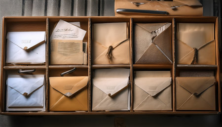 A vibrant display of unique envelopes in a charming rustic wooden organizer.の素材