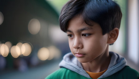 A young boy thoughtfully stands among colorful lights, engaging with his surroundings.の素材