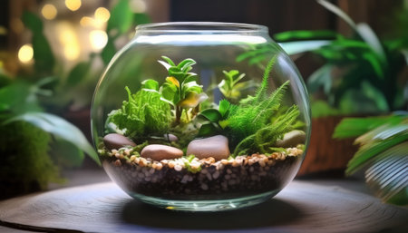 A captivating display of thriving plants and colorful stones creates a tranquil aquatic ecosystem.の素材