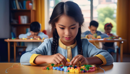 A young girl makes colorful beads as her classmates enjoy other creative activities.の素材