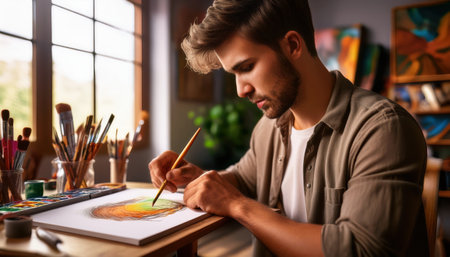 A young artist brings a vivid masterpiece to life in a warmly lit studio filled with inspiration.の素材