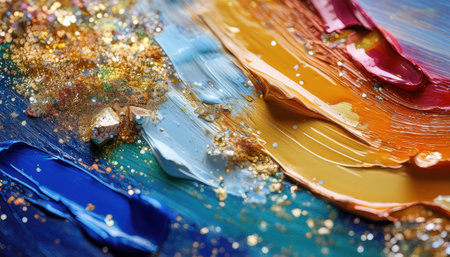 A vibrant mix of colors and gold glimmers sparks artistic imagination.の素材
