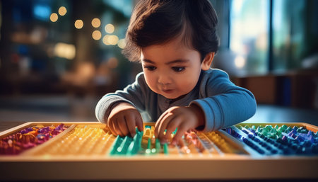 A young child focuses intently on manipulating vibrant sensory toys at a sunlit play area.の素材