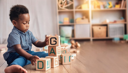 A child stacks colorful blocks in a bright, playful room full of toys.の素材
