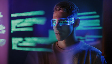 A student engages with advanced technology, immersed in a vibrant, digital landscape.の素材