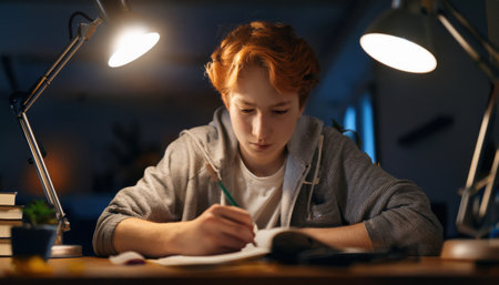 Young learner writes intently under warm lights, surrounded by books and a calming atmosphere.の素材