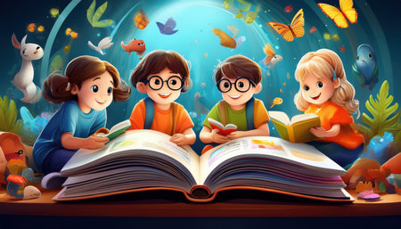 Four children are mesmerized by vibrant illustrations in an enchanting, open book.の素材