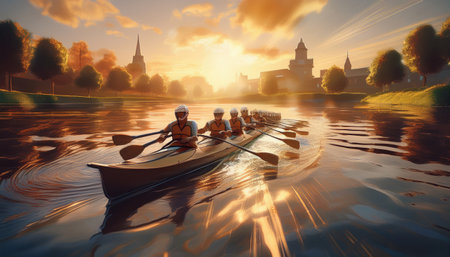 Students row in unison on a tranquil river at sunset, embodying teamwork and ambition in education.の素材