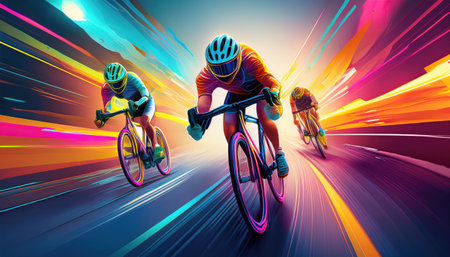 Students joyfully biking through a vibrant, abstract landscape symbolizing educational energy.の素材