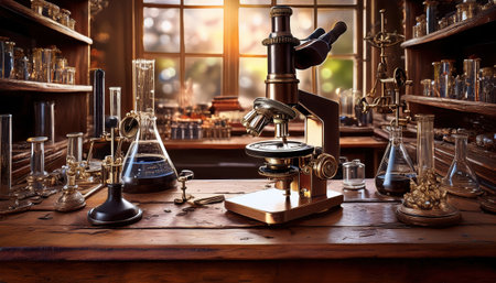 A vibrant look at lab equipment featuring intricate glassware and a vintage microscope.の素材