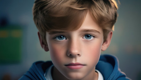 A young boy with striking blue eyes gazes thoughtfully in a softly lit room.の素材