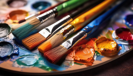 Bright and vivid brushes resting on a colorful palette, inviting creativity and inspiration.の素材