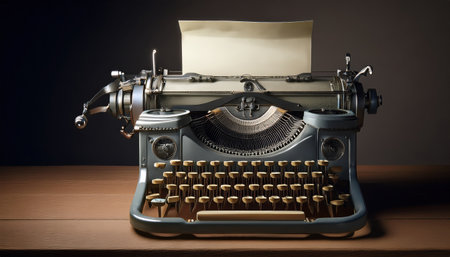 A vintage typewriter on a rustic table beckons creativity with blank paper ready.の素材