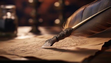 A quill pen rests on aged parchment, illuminated by flickering candlelight in a cozy study.の素材
