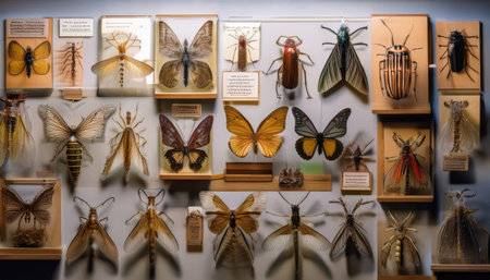 A stunning display of colorful insects exhibits natures beauty in a museum.の素材
