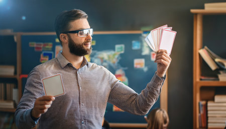A man showcases vivid flashcards, inspiring students in a lively educational atmosphere.の素材