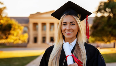 A happy blonde graduate stands outside her college, holding her diploma with a bright smile.の素材