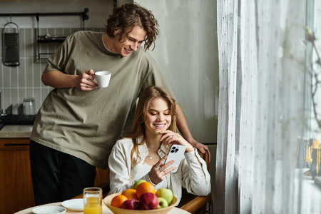 Loving couple relaxes in their comfy kitchen, sharing laughter and enjoying each others company.のeditorial素材