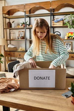 A young woman is organizing her clothes for donation while promoting a sustainable lifestyle.