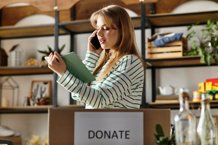 Sorting through her clothes, a young woman talks on the phone, promoting sustainability.のeditorial素材