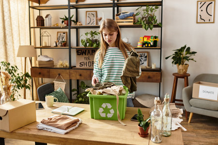Young woman actively organizes her clothes for recycling, promoting a sustainable lifestyle.