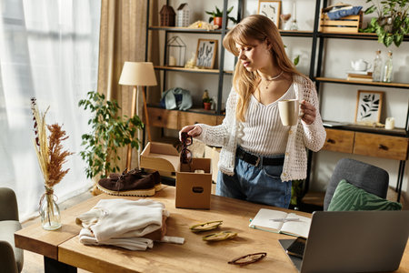 Dedicated young woman sorts through clothes to donate, promoting a sustainable lifestyle.のeditorial素材