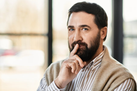 Handsome senior man in casual attire displays a contemplative look while seated peacefully.