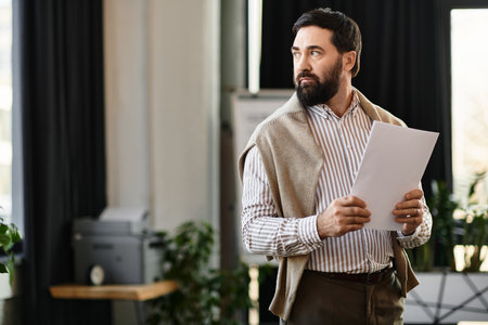 A dapper elderly man in casual wear stands thoughtfully with important papers in a chic room.