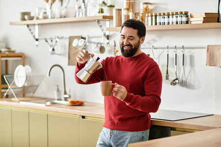 A handsome elderly man happily pours hot coffee into a mug while smiling in a modern kitchen.のeditorial素材