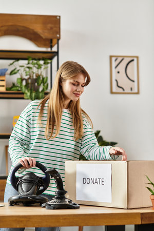 A pretty young woman actively sorts her goods for donation, promoting sustainability at home.の写真素材