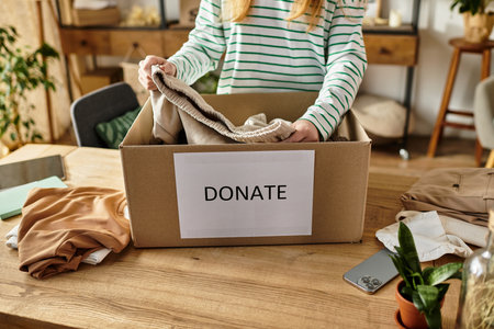 A young woman organizes her clothing for donation, embracing a sustainable lifestyle at home.の写真素材