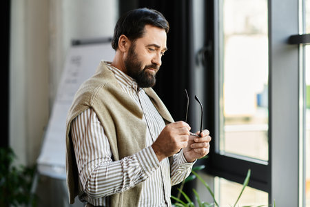 An elderly man in casual clothes stands by a window, reflecting while holding his glasses.のeditorial素材