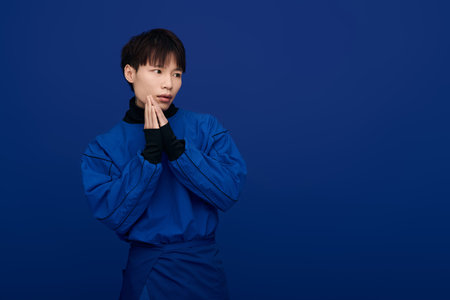 A young handsome asian man is striking a thoughtful pose while wearing an eye catching blue outfit.の写真素材