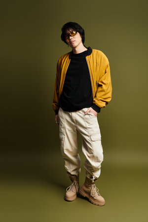 A young Asian man stands poised in a fashionable outfit, showcasing modern style.