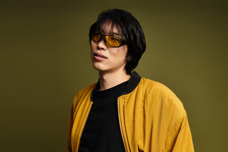 A young Asian man showcases his fashion sense in a studio, exuding confidence and charm.の写真素材