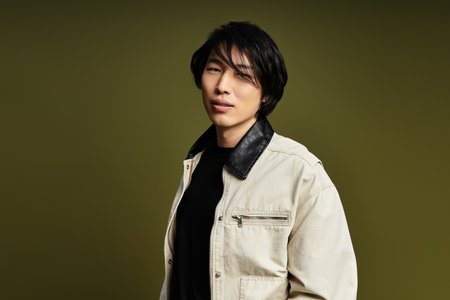 A young Asian man showcases his fashion sense in a chic studio, embodying modern style.の写真素材