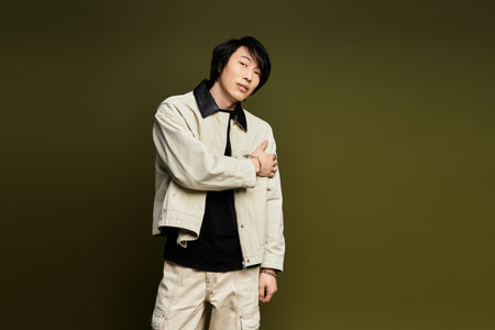 A young Asian man showcases his fashion sense in a trendy outfit against a green backdrop.の写真素材