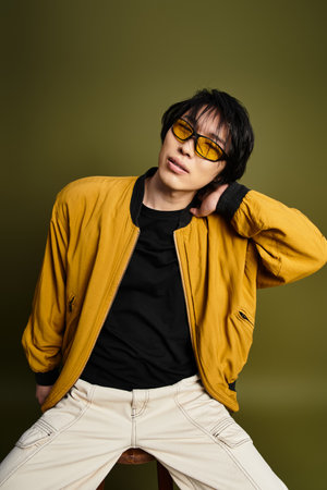 A young asian man poses confidently in a studio, highlighting his fashion-forward outfit.の写真素材
