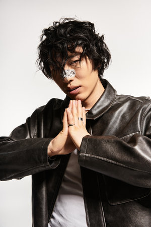 Stylish Asian man with plaster on nose posing in leather jacket with clasped hands in studio.