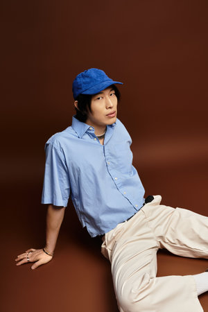 Stylish young man sits casually in a modern studio, showcasing fashion flair and charm.の写真素材