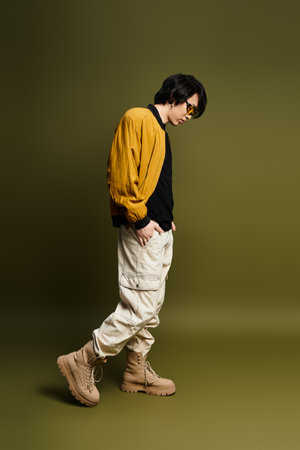 A young asian man showcases his fashion sense wearing a trendy outfit in a studio.