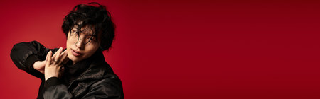 Stylish young man strikes a confident pose against a vivid red backdrop, bannerの写真素材