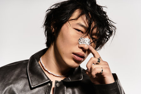 Young asian man in leather jacket and plaster on nose strikes pose in a studio.