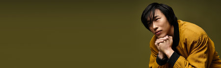 A young Asian man showcases his trendy outfit with a thoughtful expression in a stylish studio, bannerの写真素材