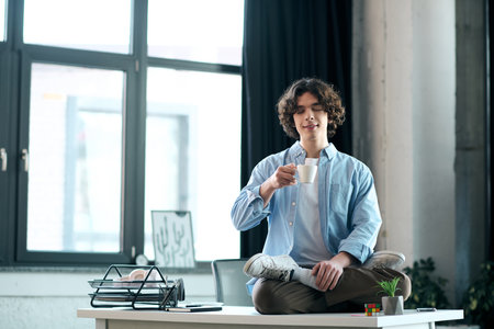 A young man relaxes at his desk, sipping coffee during a break in the office.