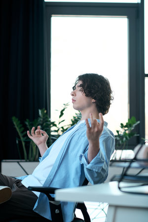 Handsome young man sits relaxed in an office, enjoying a moment of tranquility while working.の写真素材